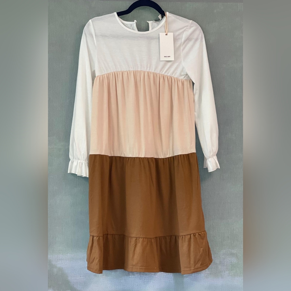 Grace Karin Long Sleeve Dress - White, Pink, Brown